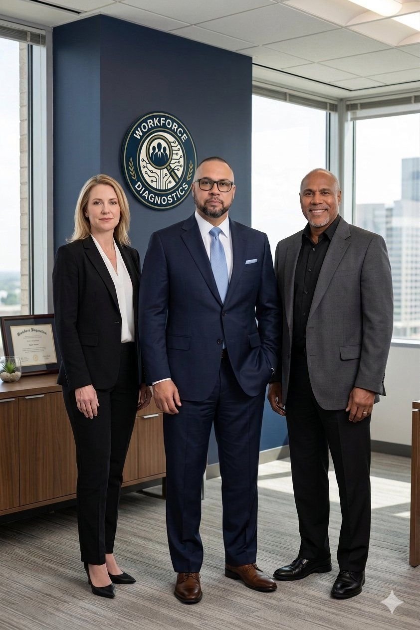 The Workforce Diagnostics leadership team standing in their Fairfax office beneath the firm's seal